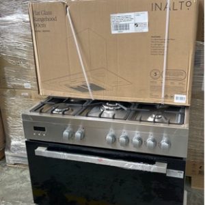 NEW INALTO 900MM FREESTANDING OVEN PACKAGE INCLUDES RU9EGB 900MM DUEL FUEL OVEN WITH IRGF90S FLAT GLASS 900MM CHIMNEY RANGE HOOD BRAND NEW WITH 2 YEAR WARRANTY