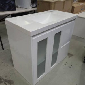 900MM GLOSS WHITE VANITY WITH GLASS DOORS AND POLYMARBLE TOP SH/SK7-900G