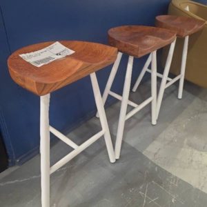 SAMPLE FURNITURE - LOT OF 3 TIMBER SEAT BAR STOOLS WITH WHITE LEGS SOLD AS IS