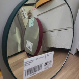 SAMPLE FURNITURE - SMALL ROUND GREEN FRAMED MIRROR SOLD AS IS