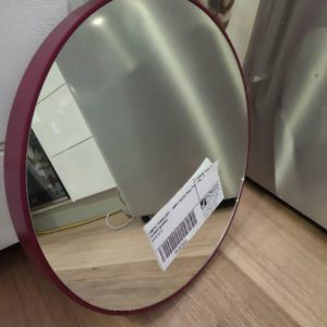 SAMPLE FURNITURE - SMALL ROUND BURGUDNY FRAMED MIRROR SOLD AS IS