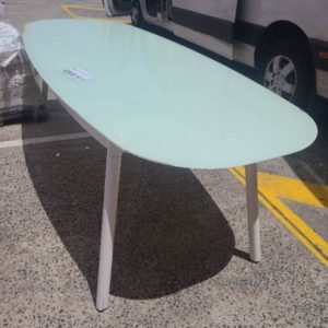 EX-HIRE WHITE OUTDOOR METAL FRAME DINING TABLE WITH GLASS TOP SOLD AS IS