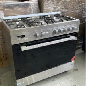 NEW INALTO RU9EGB 900MM DUEL FUEL FREESTANDING OVEN WITH 5 BURNER GAS COOKTOP WITH CENTRE WOK CAST IRON TRIVETS ELECTRONIC IGNITION WITH 112L CAPACITY OVEN 11 COOKING FUNCTIONS ROTISSERIE TRIPLE GLAZED DOOR TWIN FAN 2 YEAR WARRANTY