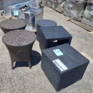 EX-HIRE LOT OF 4 RATTAN SIDE TABLES SOLD AS IS