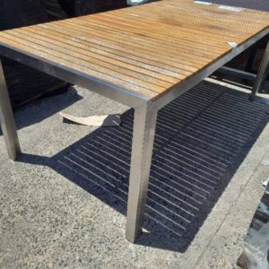 EX-HIRE WOODEN OUTDOOR TABLE WITH METAL FRAME SOLD AS IS
