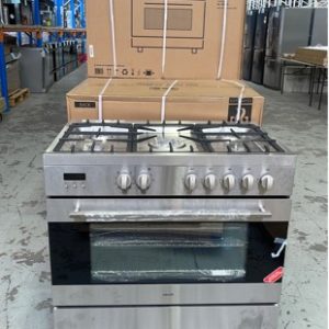 NEW EURO EV900DPSX 900MM DUAL FUEL FREESTANDING OVEN WITH 5 GAS BURNER COOKTOP WITH CENTRAL WOK WITH ELECTRIC 8 MULTI FUNCTION OVEN DIGITAL PROGRAM CLOCK TRIPLE GLAZED OVEN DOOR CLOSED DOOR GRILLING ROTISSERIE WITH LOWER STORAGE COMPARTMENT 2 YEAR WARRANTY