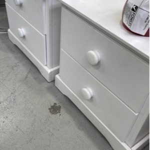 EX HIRE WHITE & TIMBER BEDSIDE TABLE SOLD AS IS
