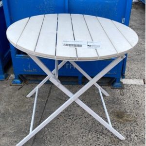 EX HIRE ROUND WHITE FOLDING TABLE SOLD AS IS