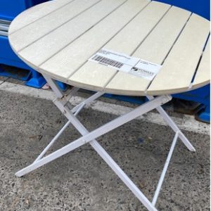 EX HIRE DISCOLOURED WHITE/YELLOW ROUND TABLE SOLD AS IS