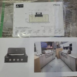 BRAND NEW BESPOKE ALFRESCO BBQ KITCHEN 2395MM LONG WITH 3 CABINETS IN BAYE LAMINATE WITH CINNAMON STONE BENCH TOPS WITH WATERFALL SIDES INCLUDES UNDER MOUNT SINK WITH SINK MIXER NEW BLACK BUILT IN EURO EAL900RBQBL 4 BURNER BBQ WITH HOOD RRP$8498 PROVIDED FLAT PACK ON 2 PALL