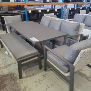 NEW CLIFFORD GRAPHITE 5 PIECE LOUNG DINING SETTING WITH 2 ARM CHAIRS BENCH SEAT 2 SEATER LOUNGE WITH COFFEE TABLE