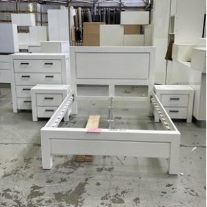 EX DISPLAY WHITE TIMBER ASTOR BEDROOM SUITE DOUBLE SIZE BEDFRAME TALLBOY & 2 BEDSIDES INCLUDED SOLD AS IS