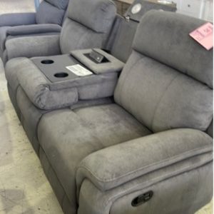 EX DISPLAY RHINE 3 SEATER MANUAL RECLINER COUCH WITH PULL DOWN HEADREST FOR CUP HOLDERS POWER CHARGING USB RRP$1899 CHARCOAL FABRIC