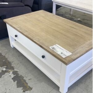 EX DISPLAY BRIGHT 1 DRAWER COFFEE TABLE 1200MM X 700MM WHITE ACACIA TIMBER