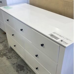 EX DISPLAY TILLY WHITE TIMBER 7 DRAWER DRESSER WITH MIRROR 1320MM LONG RRP$1399