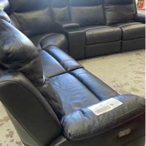 EX DISPLAY LUXIMO THICK BLACK LEATHER MODULAR CORNER COUCH WITH 2 ELECTRIC RECLINERS SOLD AS IS RRP$4995