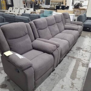 EX DISPLAY DAKOTA CHARCOAL FABRIC 3 SEATER COUCH WITH 2 ARM CHAIRS MANUAL RECLINERS