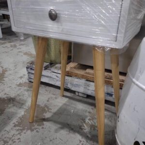 EX HIRE WHITE SINGLE DRAWER BEDSIDE TABLE SOLD AS IS