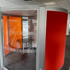 ORANGEBOX ACOUSTIC RELOCATABLE OFFICE POD BLUE DESIGNED TO ADDRESS THE ISSUE OF FLEXIBILITY AND ACOUSTICS ON AN OPEN PLAN WORKSPACE. 2700DIA X 2200H (ROUND) PICK UP FROM MELB CBD