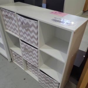 SECOND HAND FURNITURE - WHITE CUBE STORAGE UNIT WITH MATERIAL BASKETS SOLD AS IS