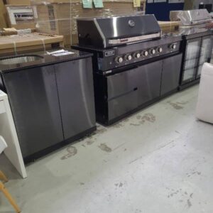 BRAND NEW EURO DARK STAINLESS STEEL OUTDOOR BBQ KITCHEN WITH BLACK STONE TOPSINCLUDES 1200MM BUILT IN 6 BURNER BBQ WITH SIDE WOK SINK MODULE WITH TAP AND DOUBLE DOOR BLACK BEVERAGE FRIDGE COMPLETE WITH COVER BRAND NEW WITH 2 YEAR WARRANTY RRP$12595