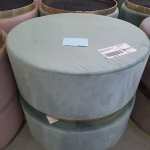 EX HIRE MINT GREEN VELVET ROUND OTTOMAN WITH BRASS EDGE SOLD AS IS