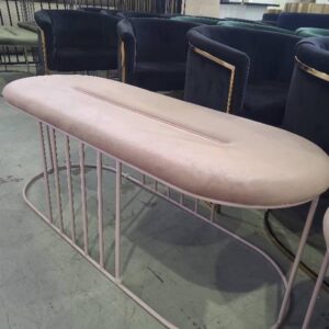 EX HIRE PINK VELVET OTTOMAN ON PINK FRAME SOLD AS IS
