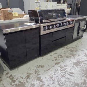 EX DISPLAY OUTDOOR BBQ KITCHEN WITH GASMATE 6 BURNER BBQ WITH SIDE WOK BURNER WITH 2 DOOR MODULE ON LEFT AND DOUBLE 228LITRE GLASS DOOR ON RIGHT BLACK GALAXY STONE BENCH TOPS BLACK DOORS RRP$7000 WITH 3 MONTH WARRANTY (LPG BBQ)