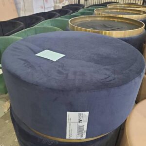 EX HIRE NAVY BLUE VELVET ROUND OTTOMAN WITH BRASS BASE SOLD AS IS