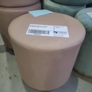 EX HIRE PINK PU ROUND OTTOMAN WITH BRASS FRAME SOLD AS IS