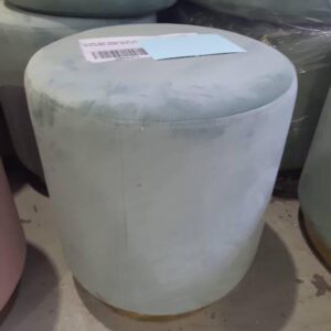 EX HIRE MINT GREEN VELVET ROUND OTTOMAN WITH BRASS FRAME SOLD AS IS