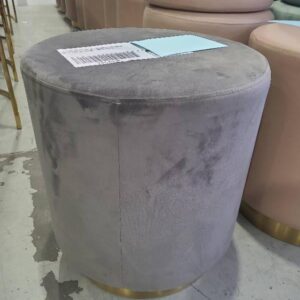 EX HIRE GREY VELVET ROUND OTTOMAN WITH BRASS FRAME SOLD AS IS