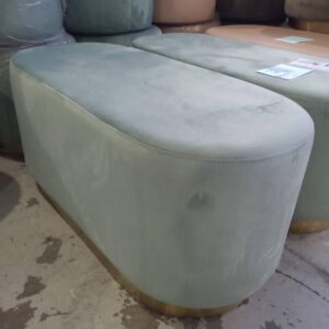 EX HIRE MINT GREEN VELVET OVAL OTTOMAN WITH BRASS FRAME SOLD AS IS