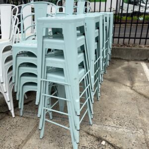EX HIRE LIGHT BLUE METAL STOOLS SOLD AS IS