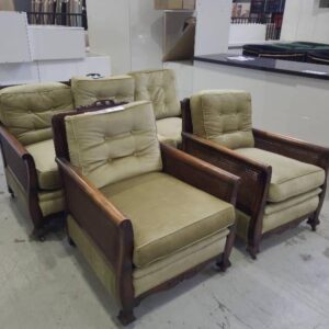 SECOND HAND VINTAGE GREEN & TIMBER LOUNGE SUITE SOLD AS IS