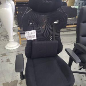 EX SAMPLE CHAIR - BLACK GAMING CHAIR WITH LUMBAR CUSHION HEIGHT ADJUSTABLE ARMRESTS RECLINABLE BACKREST CHAIR TILT & SEAT HEIGHT ADJUSTMENT WEIGHT CAPACITY 130KG RETAIL $249