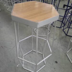 EX HIRE WHITE METAL BAR STOOL WITH TIMBER SEAT SOLD AS IS