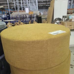EX HIRE OLIVE MATERIAL ROUND OTTOMAN SOLD AS IS