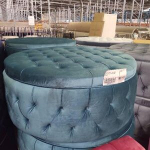 EX HIRE TEAL VELVET LARGE ROUND BUTTON UPHOLSTERED OTTOMAN SOLD AS IS