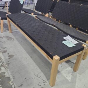 EX HIRE LOFT TIMBER AND BLACK BENCH SEAT SOLD AS IS