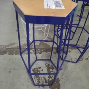 EX HIRE NAVY METAL BAR STOOL WITH TIMBER SEAT SOLD AS IS