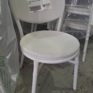 EX HIRE WHITE FRENCH STYLE CAFE CHAIRS STACKABLE SOLD AS IS
