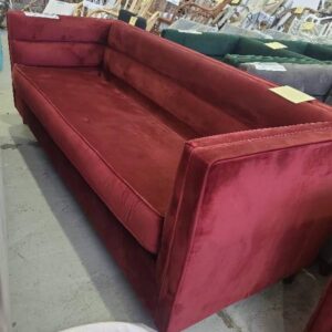 EX HIRE BURGUNDY VELVET COUCH SOLD AS IS