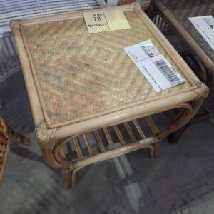 NATURAL CANE TABLE WITH WEAVE TOP DISCOLOURED SOLD AS IS