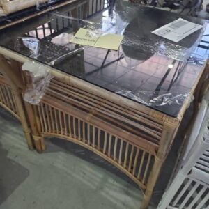 NATURAL CANE TABLE WITH DARK GLASS TOP SQUARE