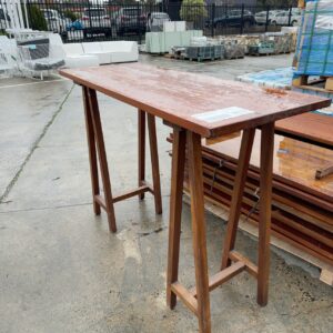 EX HIRE DARK TIMBER BAR TABLE WITH DARK TIMBER LEGS SOLD AS IS