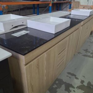 NEW 1500MM LIGHT TIMBER LAMINATE SINGLE BOWL VANITY WITH BLACK STONE TOP AND 1 ABOVE COUNTER BOWL BN-D15