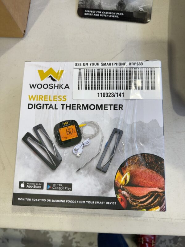 BRAND NEW WOOSHKA WIRELESS DIGITAL THERMOMETER FEATURING 4 S/STEEL PROBES WITH HEAT RESISTANT WIRE A HANDHELD BASE UNIT AND A DOWNLOADABLE APP FOR USE ON YOUR SMARTPHONE RRP$89