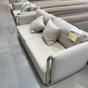 EX HIRE MODERN CHROME FRAME & WHEAT FABRIC 3 SEATER COUCH SOLD AS IS