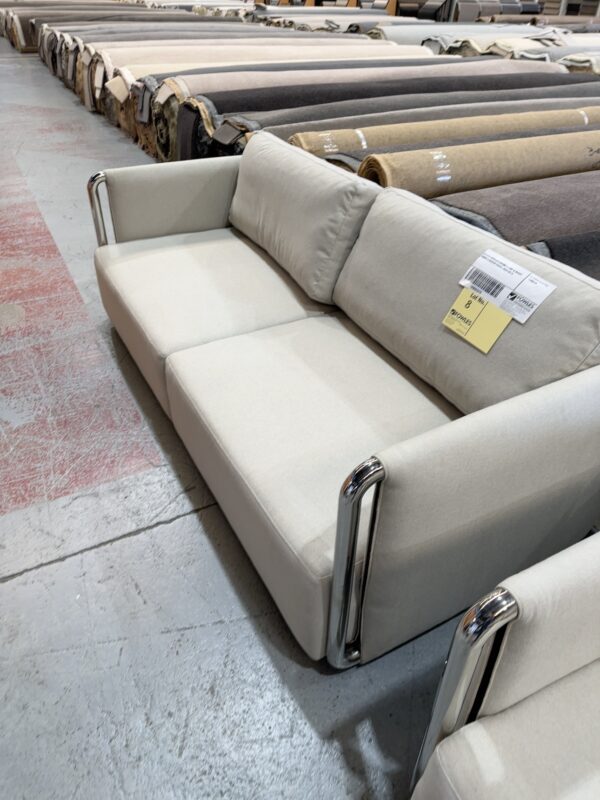 EX HIRE MODERN CHROME FRAME & WHEAT FABRIC 3 SEATER COUCH SOLD AS IS